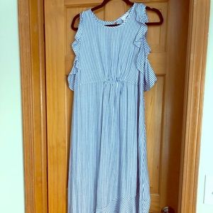 White and blue striped maternity dress